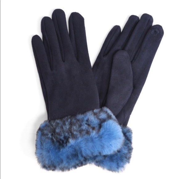 New! Faux Suede Blue Faux Firm Trim Touch Screen Winter warm Gloves - Picture 4 of 4